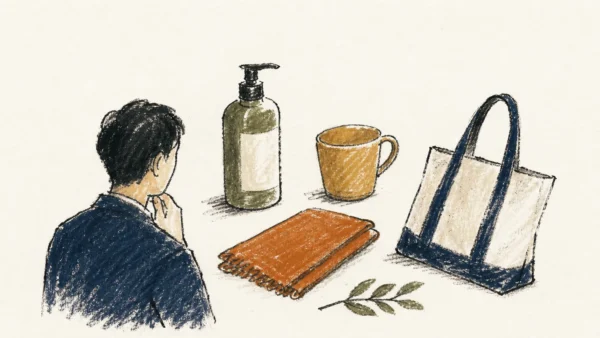 掲載したい商品・サービスを整理するを分かりやすく表現したオイルパステルとインクのイラスト